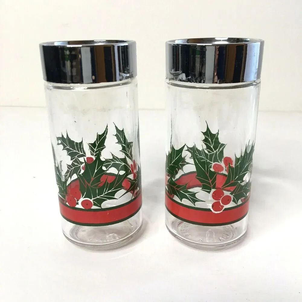 Vintage Libbey of Canada Glass Salt and Pepper Shaker Set Christmas Holly